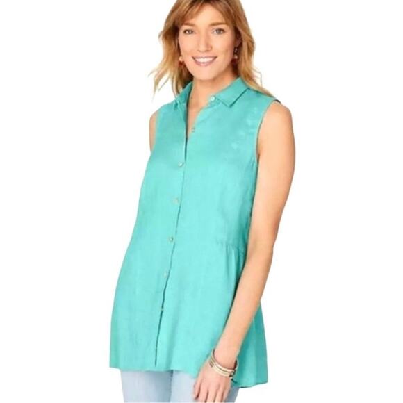 J. Jill Love Linen Turquoise Sleeveless Button Down Tunic Top - size XS - Picture 1 of 7